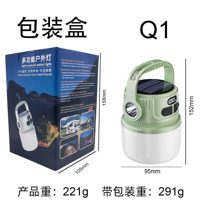 Oplaadbare solar-campinglamp met display – productafbeelding