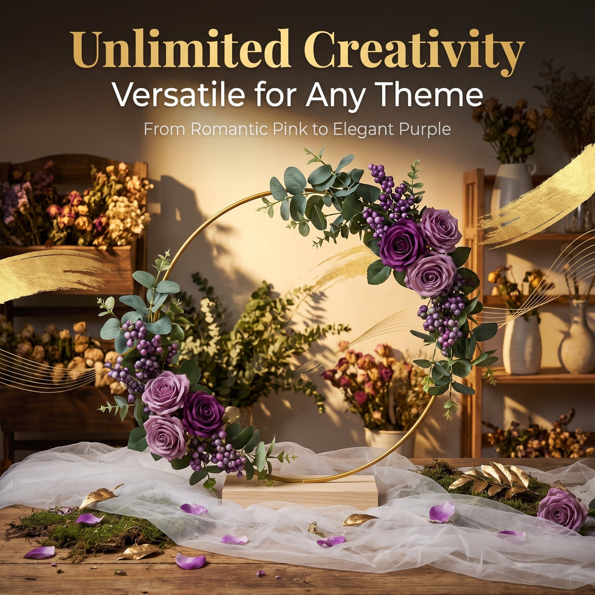 Gouden decoratiehoepel met houten standaard – productafbeelding