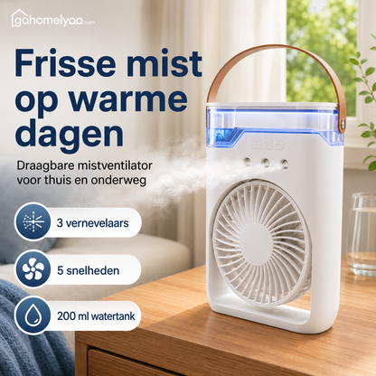 De 2e generatie van de draagbare ventilator met 3-gaatsontwerp en bevochtigingsfunctie: krachtigere luchtstroom en langere gebruiksduur!