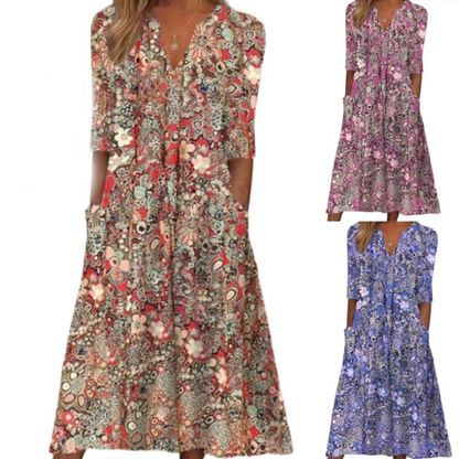 🎁2026 Nieuw binnen 50% KORTING💥Casual damesjurk met bloemenprint, V-hals en losse pasvorm