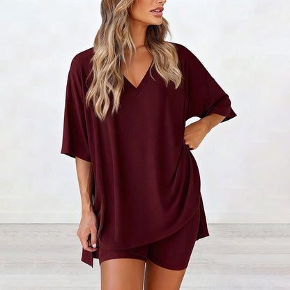 👚 50% KORTING! ✨ Lounge-set voor dames met V-hals – Losse pasvorm, kreukvrij & zijdezacht