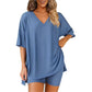 👚 50% KORTING! ✨ Lounge-set voor dames met V-hals – Losse pasvorm, kreukvrij & zijdezacht