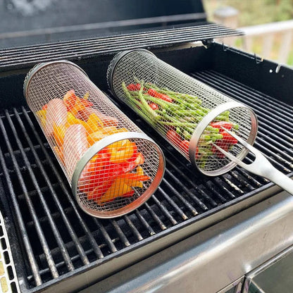 ❄️Zomerfresh 50% Korting!🔥Roterende BBQ Grillmand van RVS – 360° Grillkorf voor Groenten, Friet, Garnalen & Kleine Hapjes