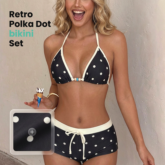 Bikiniset met haltertop en stippenprint en een boyshort