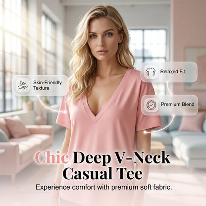 Dames-T-shirt met diepe V-hals en korte mouwe
