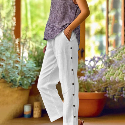 Casual, effen, ruimvallende cropped broek met knopen aan de zijkan