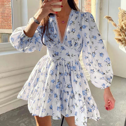 Mini-jurk met bloemenprint en V-hals voor dame