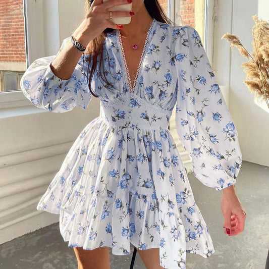 Mini-jurk met bloemenprint en V-hals voor dame