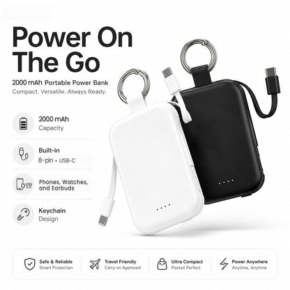3-in-1 mini-powerbank voor aan de sleutelbos met twee kabels