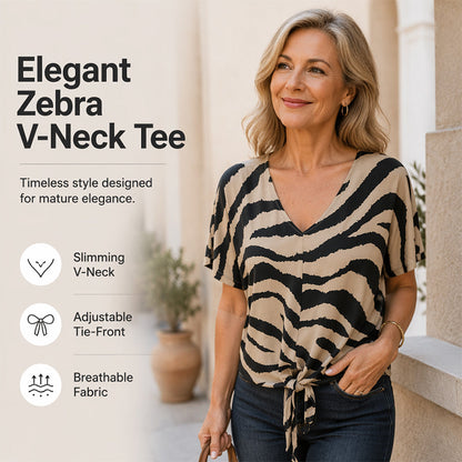🔥Topselectie🔥 Dames-T-shirt met V-hals en strikband aan de voorkant in zebraprin