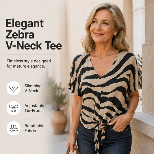 🔥Topselectie🔥 Dames-T-shirt met V-hals en strikband aan de voorkant in zebraprin