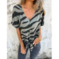 🔥Topselectie🔥 Dames-T-shirt met V-hals en strikband aan de voorkant in zebraprin