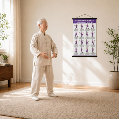 🧘 Poster met tai chi-oefeningen op een stoel, met 16 geïllustreerde beweginge