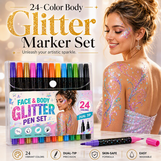 🌈 Glitter-bodyart-markerset met dubbele punten: fijn en dik
