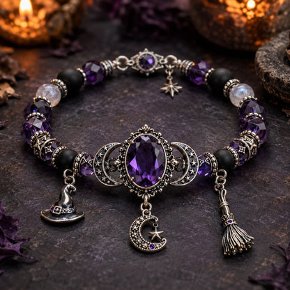 🔮 Paarse Halloween-armband met heksenbedeltjes