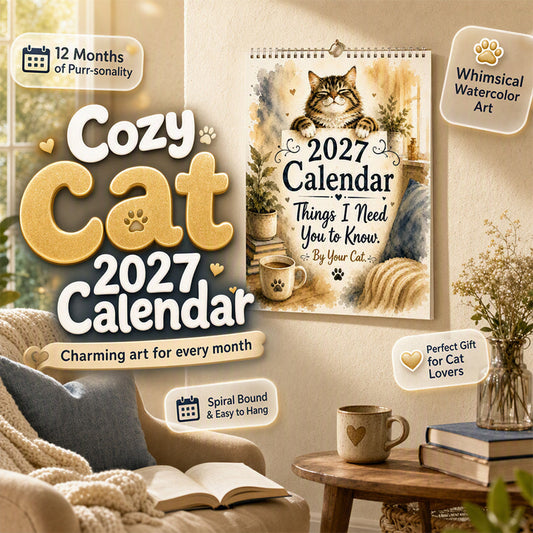 Kattenmuurkalender 2027 met aquarelillustraties – productafbeelding