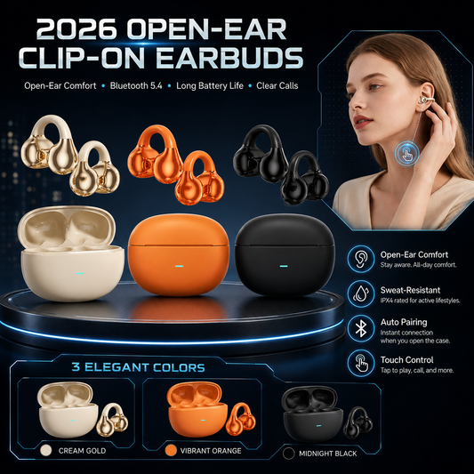 Draadloze open-ear oordopjes met oorclip – productafbeelding