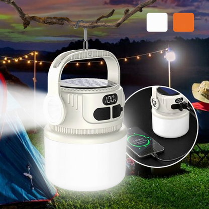 Oplaadbare solar-campinglamp met display – productafbeelding