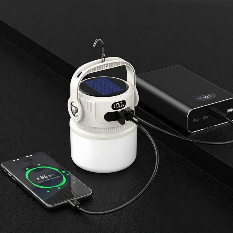 Oplaadbare solar-campinglamp met display – productafbeelding