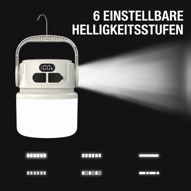 Oplaadbare solar-campinglamp met display – productafbeelding