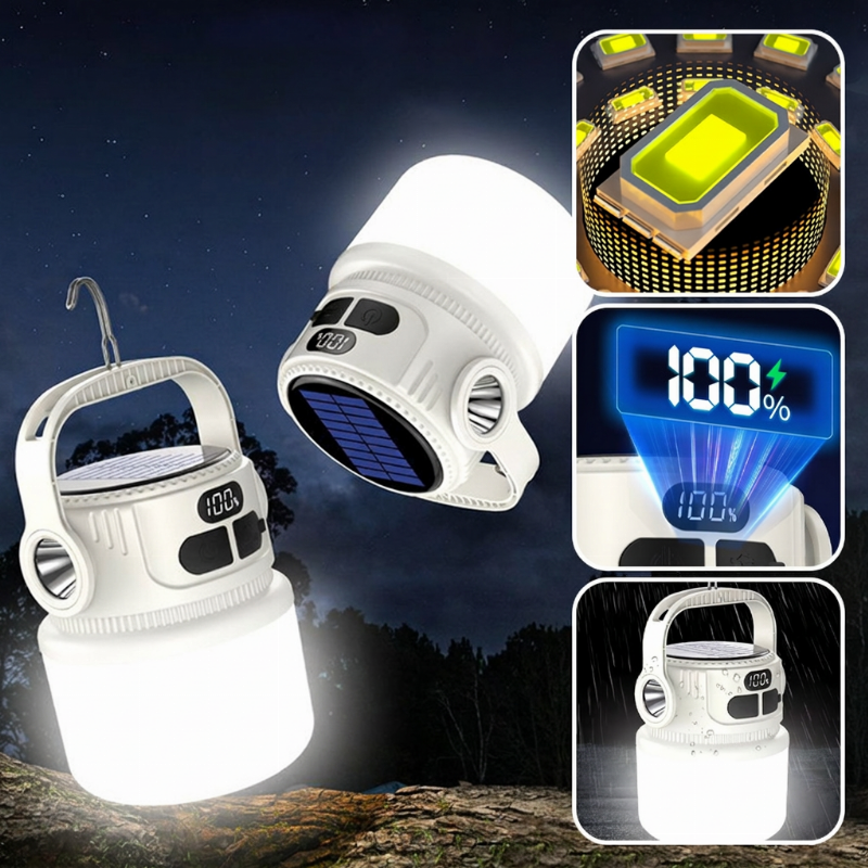 Oplaadbare solar-campinglamp met display – productafbeelding