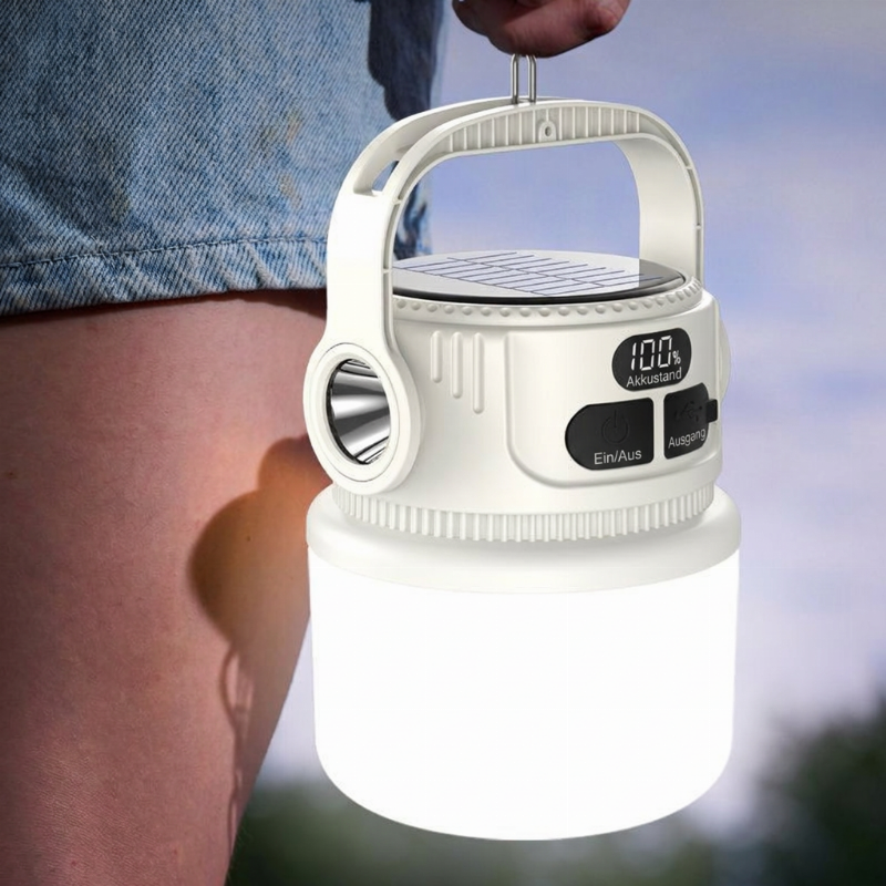 Oplaadbare solar-campinglamp met display – productafbeelding