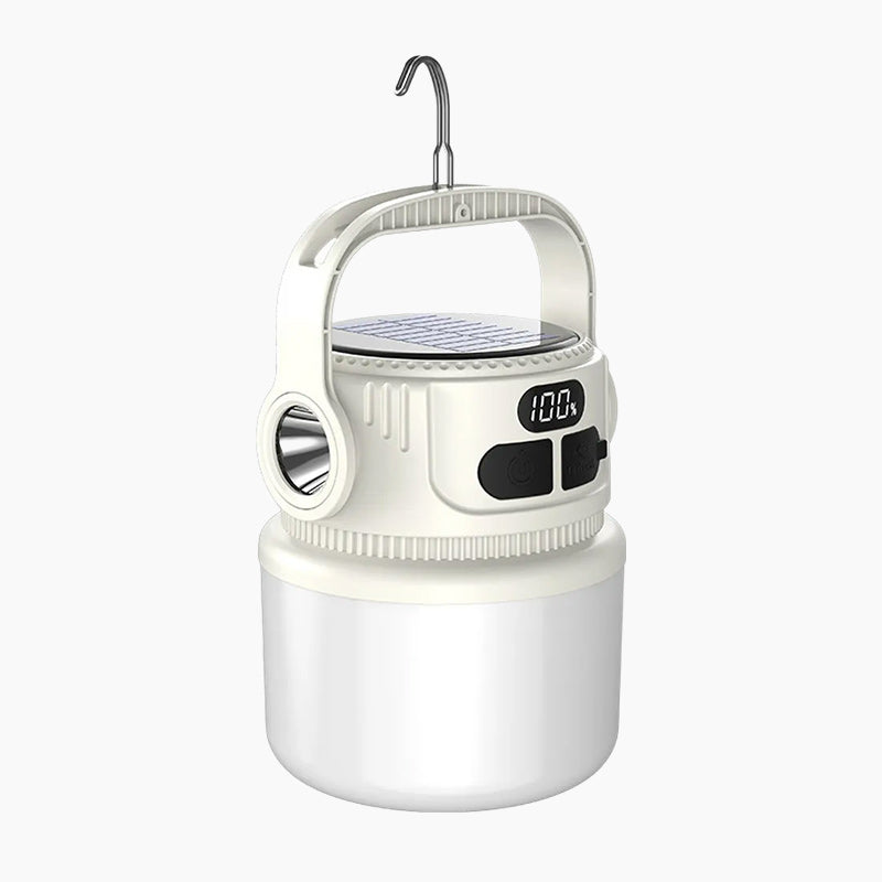 Oplaadbare solar-campinglamp met display – productafbeelding