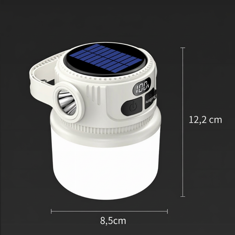 Oplaadbare solar-campinglamp met display – productafbeelding