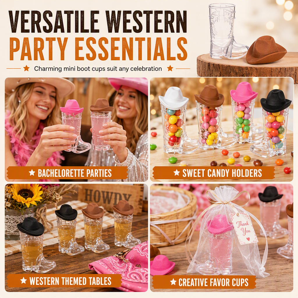 Plastic cowboylaars-borrelglaasjes met minihoeden – productafbeelding