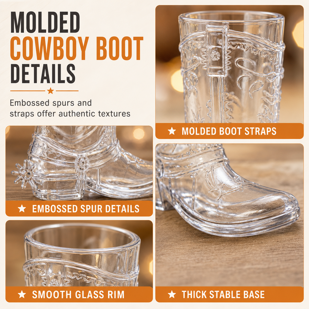 Plastic cowboylaars-borrelglaasjes met minihoeden – productafbeelding