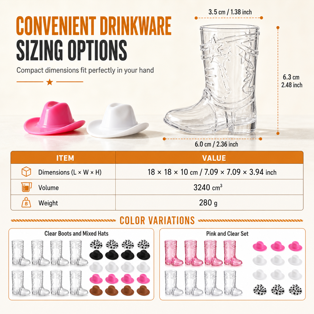 Plastic cowboylaars-borrelglaasjes met minihoeden – productafbeelding