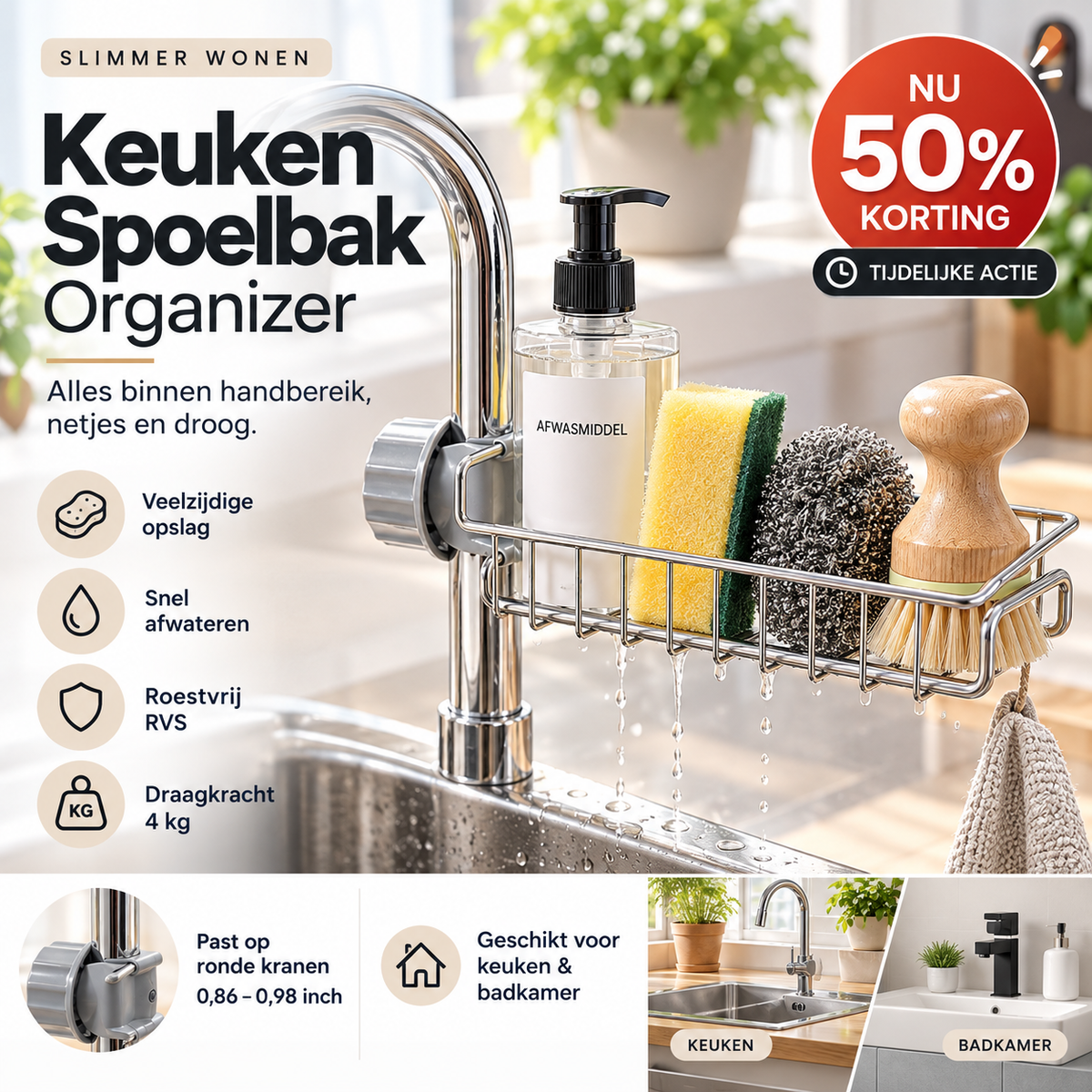 RVS Gootsteenorganizer voor Kraanmontage – productafbeelding